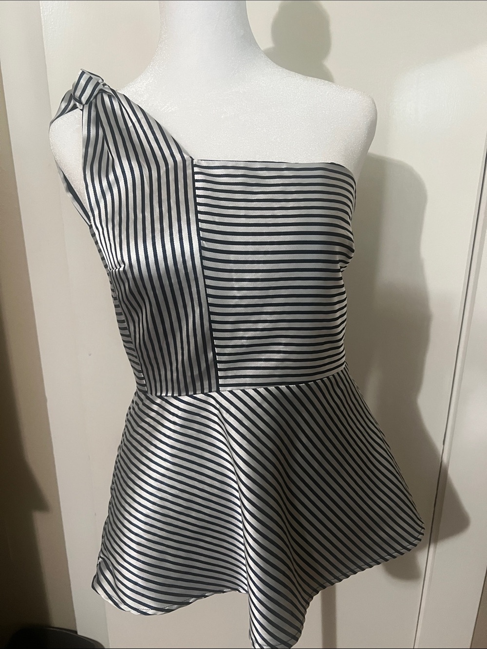 One-Shoulder Navy and White Striped Peplum Top from Banana Republic